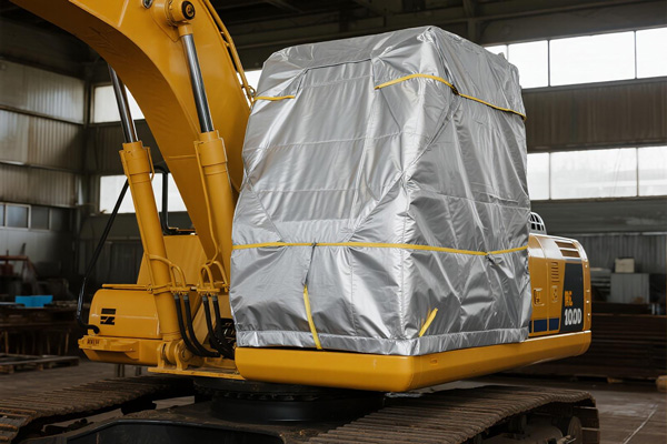 Excavator covered with protective storage cover