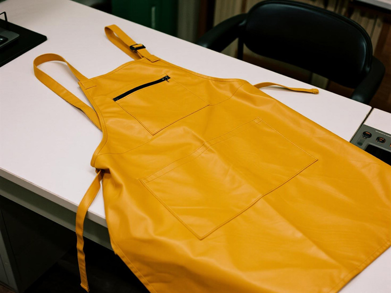 Worker wearing waterproof protective apron in industrial setting