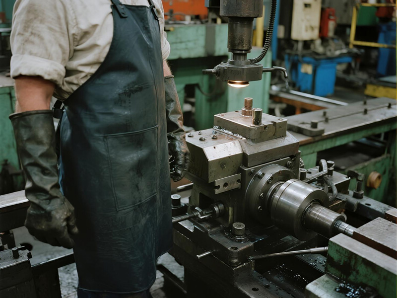 Protective apron showing adjustable straps and functional design features