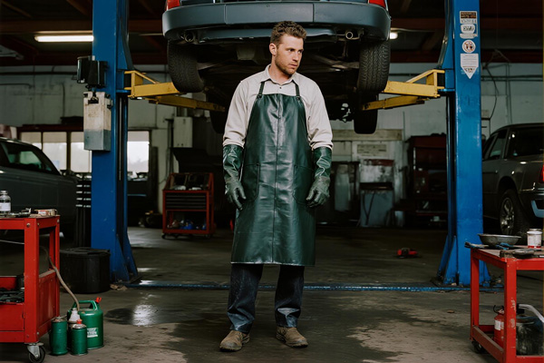 Mechanic wearing protective apron while working on engine
