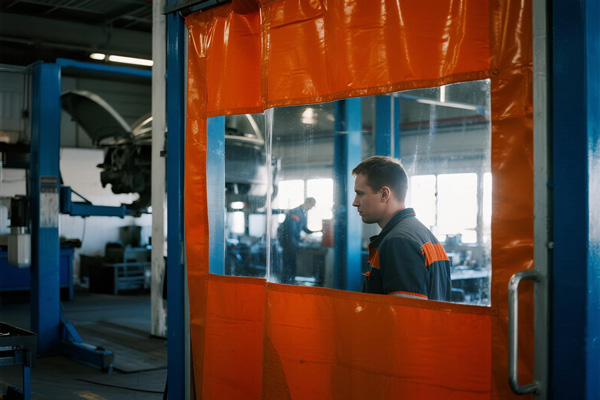Automotive workshop with partition curtains separating bays