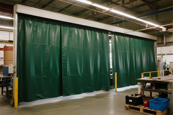 Warehouse with partition curtains creating storage zones