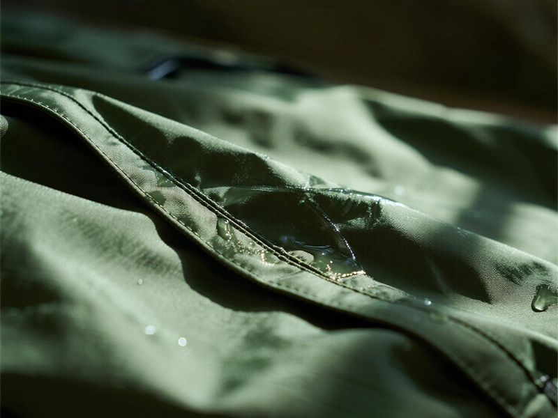 Technical testing of waterproof backpack fabric showing water resistance and weave structure