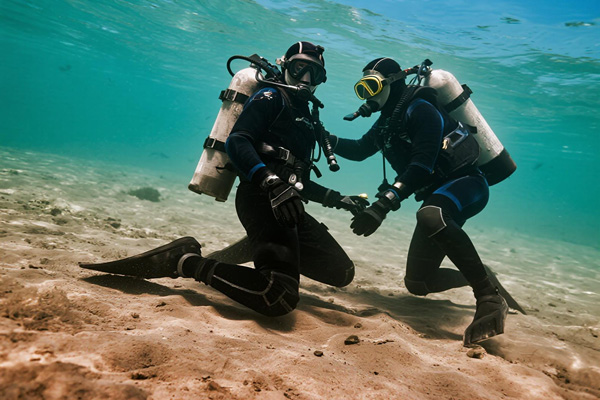 Scuba diver in wetsuit with protective liner in ocean environment