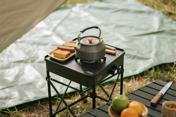 Camping tarp used as picnic area cover