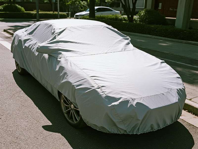 Car covered with durable protective cover in outdoor parking area