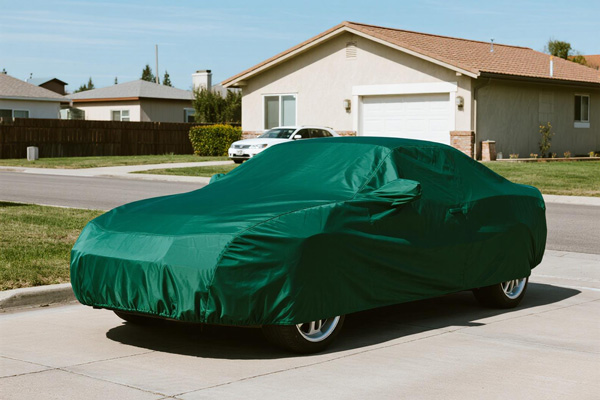Car covered with protective cover in residential driveway