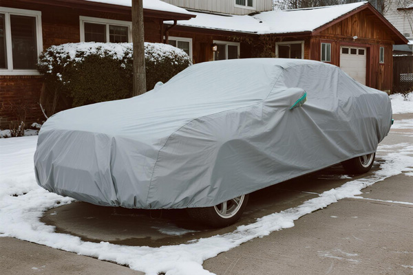 Covered car during winter snowstorm