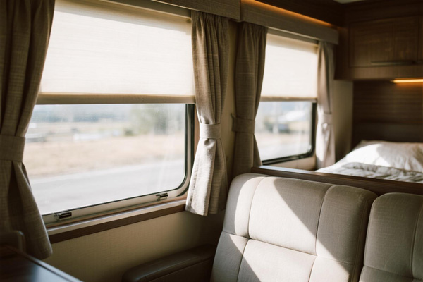 RV windshield with sunshade installed