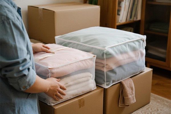 Moving bag filled with clothing and textiles