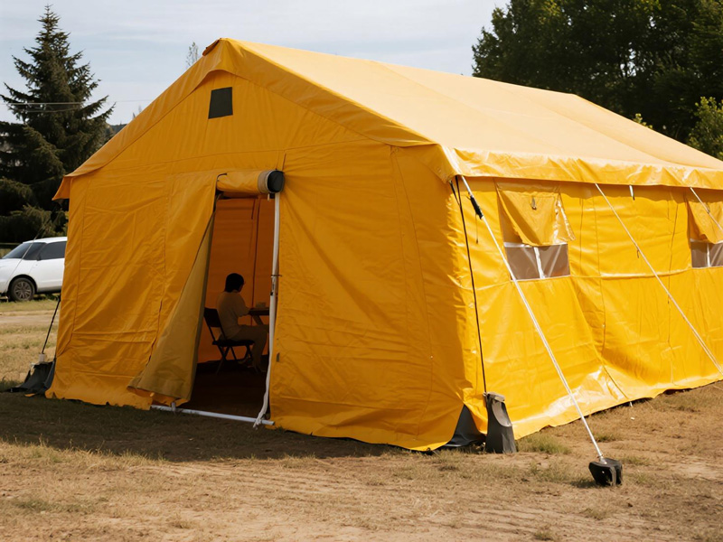 Medical personnel setting up isolation tents in emergency situation