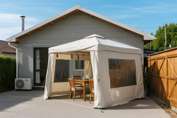 Outdoor patio furniture protected by UV covers