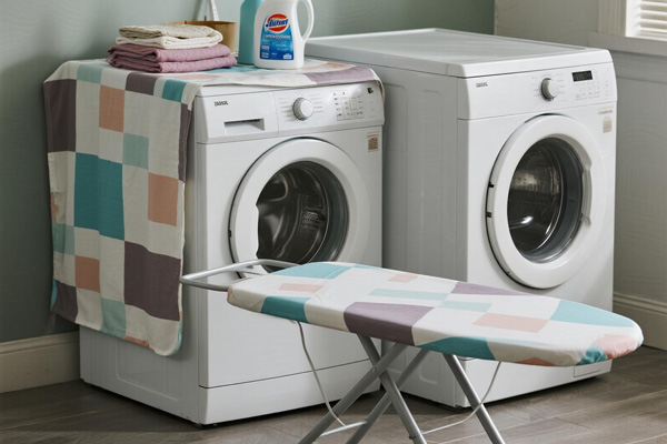 Washing machine with protective cover in laundry room