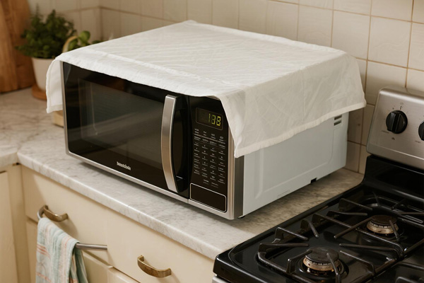 Refrigerator with dust cover in kitchen