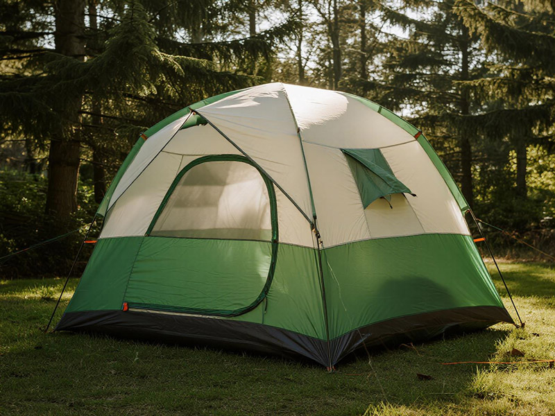 Lightweight Oxford fabric tents set up in mountain campsite