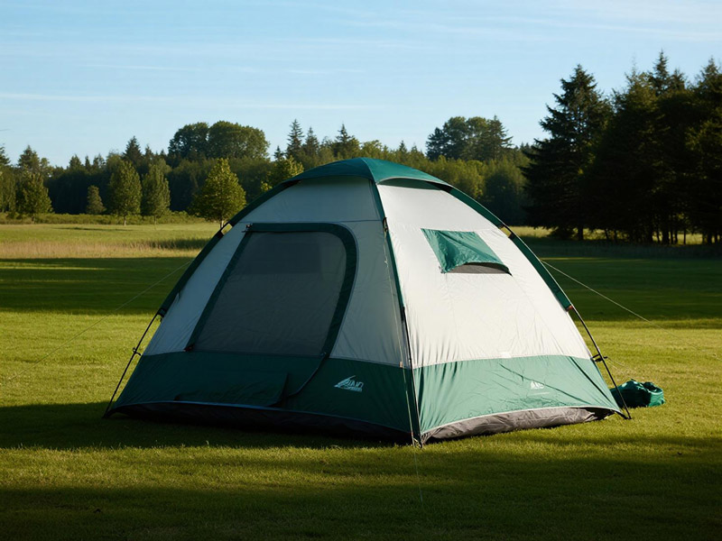 Interior view of Oxford fabric tent with camping gear