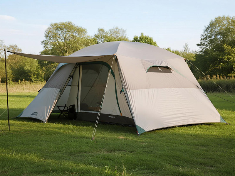 Different sizes of Oxford fabric tents set up in camping area