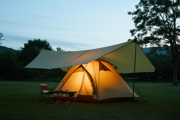 Camping scene with Oxford fabric tent in forest setting