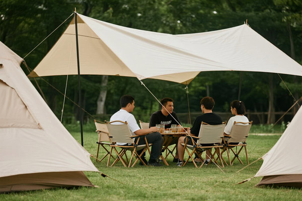 Outdoor market with vendor stalls covered by Oxford fabric canopies